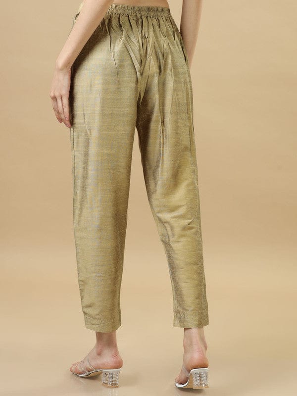 Beige Chanderi Solid Ankle-Length Pants – Elegant Regular-Fit Festive & Fusion Bottomwear