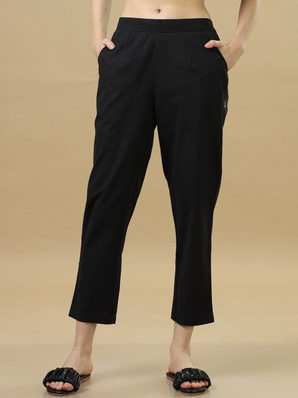 Black Solid Cotton Ankle-Length Pants – Regular-Fit Versatile Everyday Bottomwear