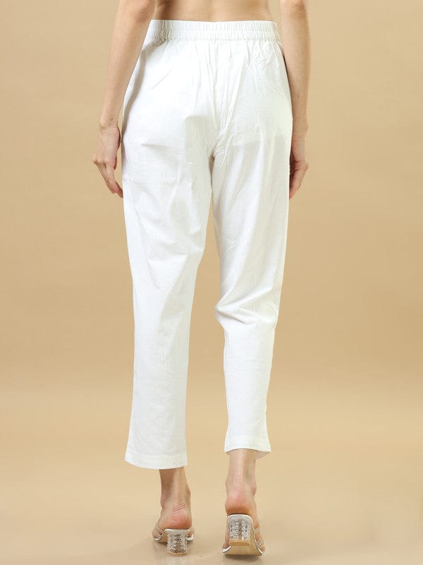 White Solid Cotton Ankle-Length Pants – Regular-Fit Everyday Essential Bottomwear