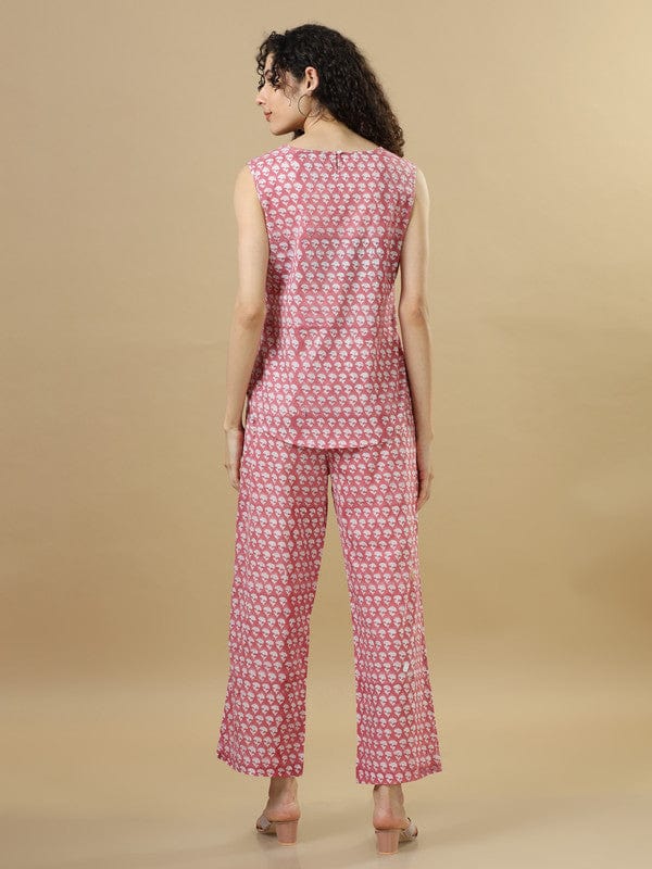 Dark Peach Cotton Block-Printed Hip-Length Co-Ord Set with Sleeveless Regular-Fit Top – Stylish Everyday Fusion Wear