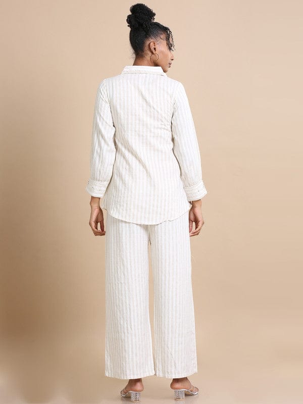 Cream Cotton Hip-Length Co-Ord Set with Thread Work & Striped Design – Full Sleeves Regular-Fit Everyday Fusion Wear