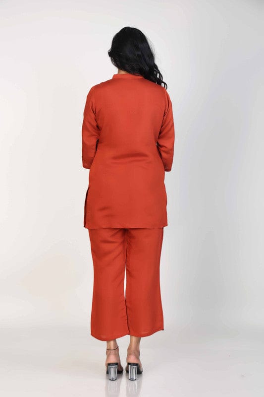 Brown Silk Hip-Length Co-Ord Set with Placement Print & Cutwork Detailing – Stylish 3/4th Sleeve Fusion Wear for Women