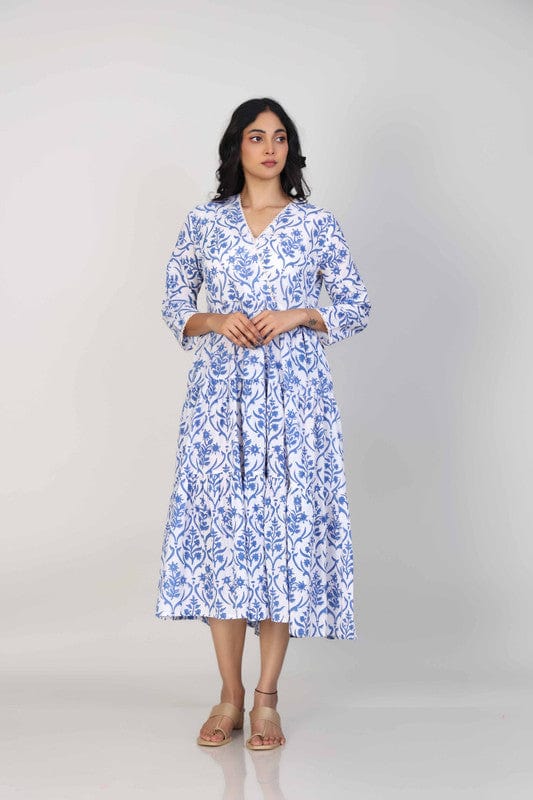 Blue Cotton Block-Printed Calf-Length Dress with 3/4th Sleeves – Elegant Everyday Ethnic Wear for Women