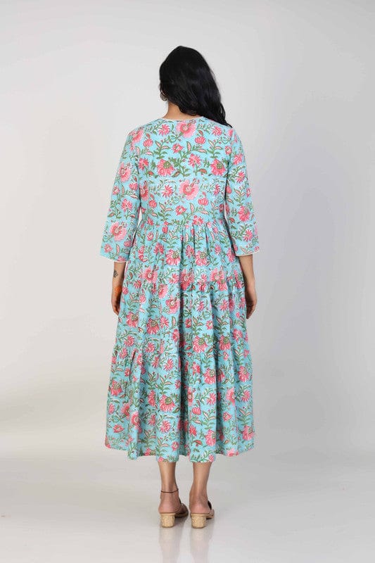 Sea Green Cotton Block-Printed Calf-Length Dress with 3/4th Sleeves – Elegant Everyday Ethnic Wear for Women
