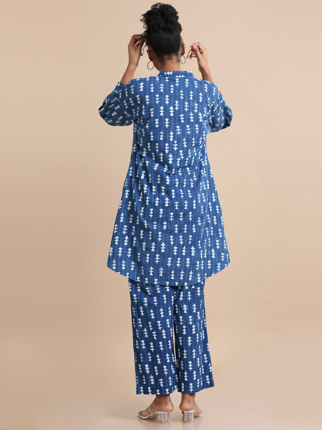 Indigo Cotton Block-Printed Knee-Length Co-Ord Set with Full Sleeves – Loose-Fit Contemporary Ethnic Wear for Women