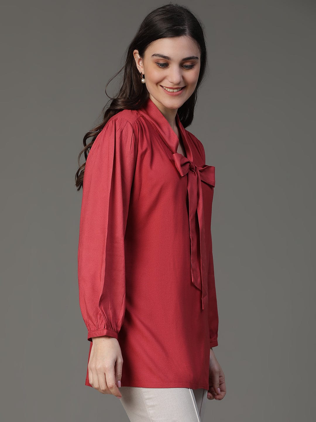 Maroon Solid A-Line Top with Puff Sleeves – Elegant Everyday Western & Fusion Wear