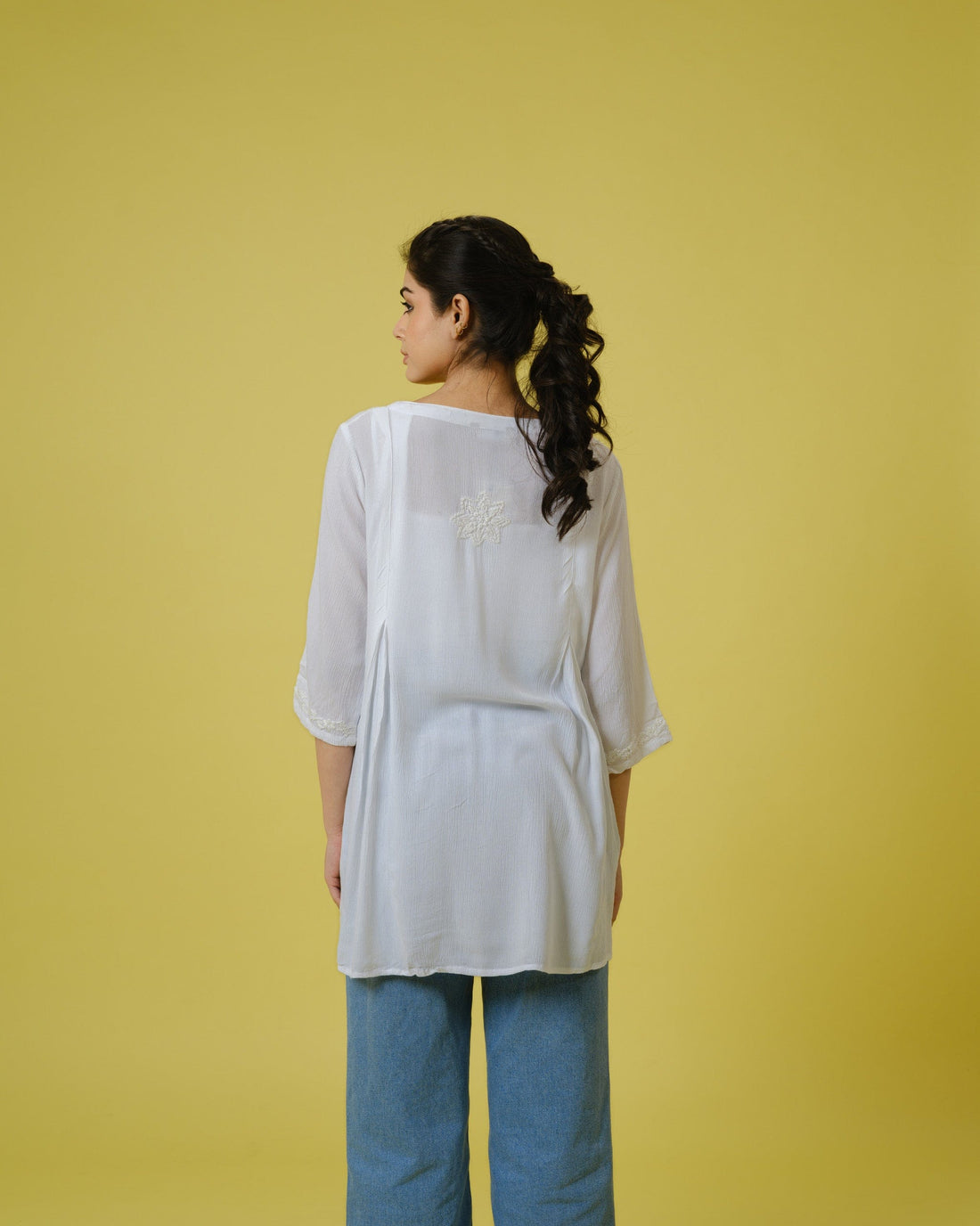 Off-White Chiffon Hip-Length Top with Tonal Floral Thread Work & 3/4th Sleeves – Elegant Lightweight Everyday Wear
