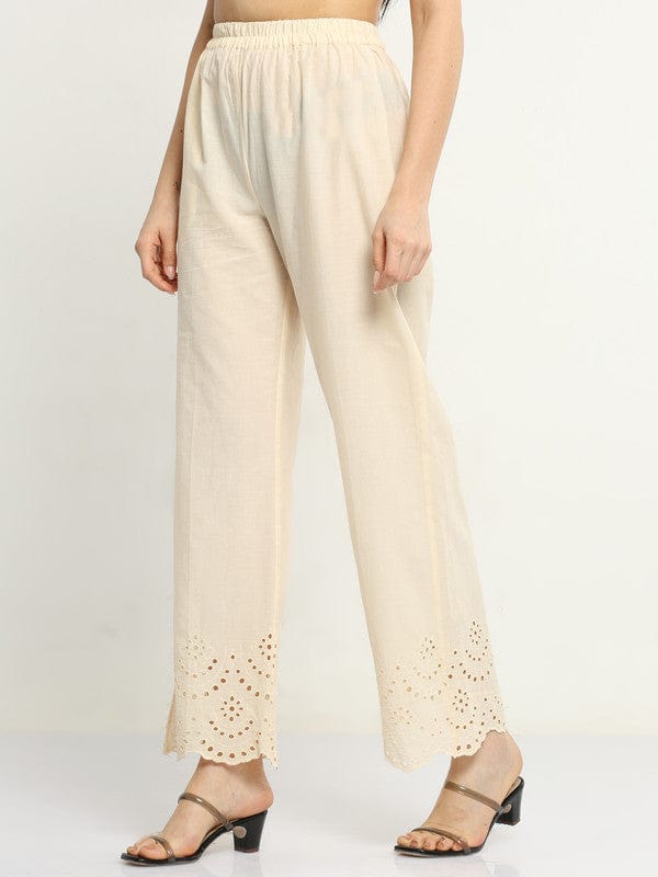 Cream Solid Cotton Regular-Fit Ankle-Length Palazzos – Lightweight Everyday Essential Bottomwear