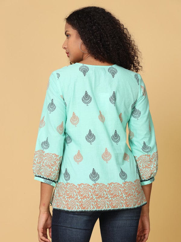 Light Green Cotton Hip-Length Top with Floral Print & 3/4th Sleeves – Loose-Fit Everyday Comfort Wear