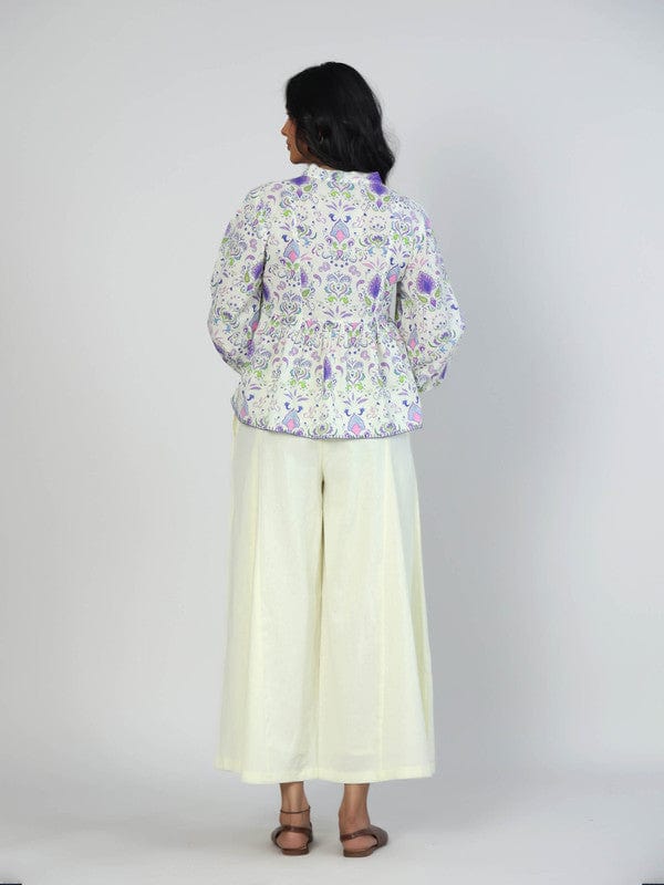 Purple Cotton Flex Floral Hip-Length Co-Ord Set with 3/4th Sleeves – Stylish Everyday Indo-Fusion Wear