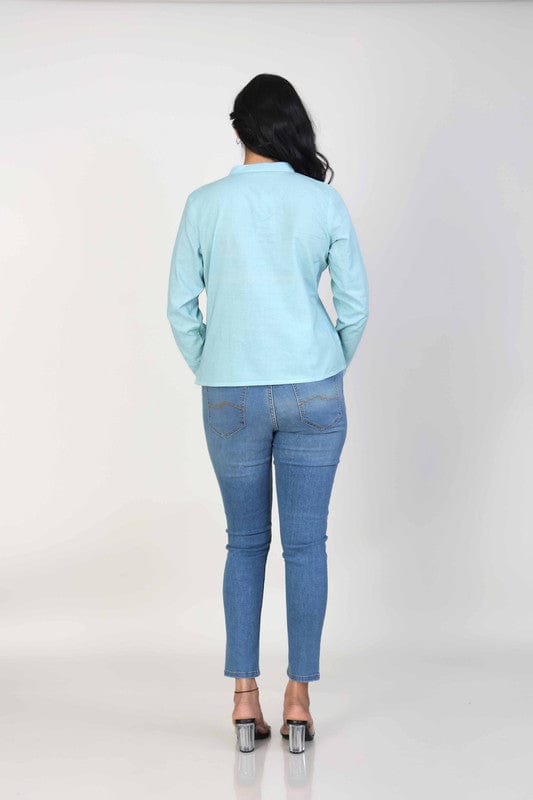 Aegean Green Cotton Hip-Length Top with Thread-Worked Neck Placket & Full Sleeves – Elegant Everyday Fusion Wear