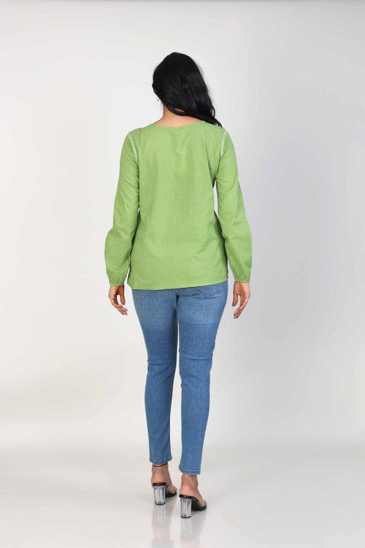 Green Cotton Hip-Length Top with Neck Placket Thread Work & Full Sleeves – Elegant Everyday Ethnic-Fusion Wear