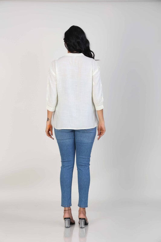 Off-White Cotton-Blend Hip-Length Top with Tone-on-Tone Embroidery & 3/4th Sleeves – Elegant Everyday Fusion Wear