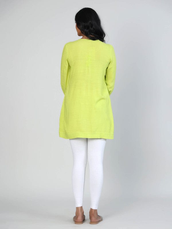Lime Green Slub Cotton Hip-Length Top with Tone-on-Tone Embroidery & 3/4th Sleeves – Elegant Everyday Ethnic-Fusion Wear
