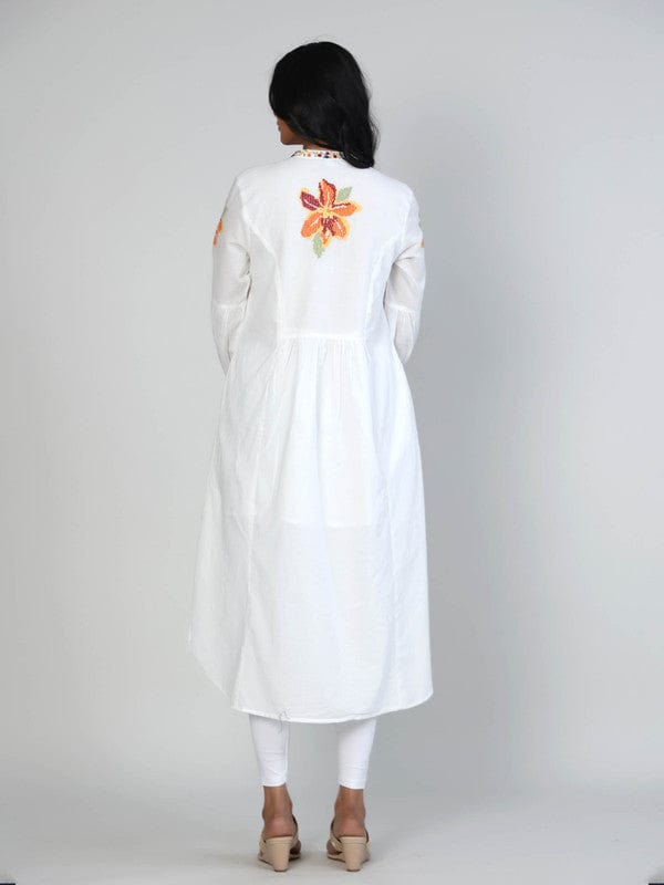White Cotton Calf-Length Dress with 3/4th Sleeves & Cross-Stitch Thread Embroidery – Elegant Everyday Ethnic Wear