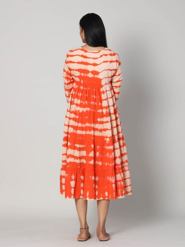 Orange Cotton Tie-Dye Calf-Length Dress with 3/4th Sleeves – Breezy Everyday Summer Wear for Women