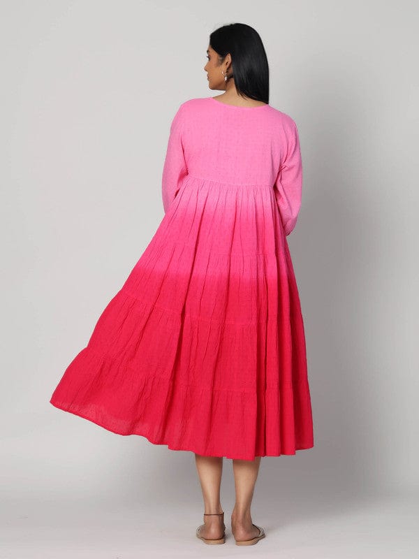 Pink Cotton Ombre Calf-Length Dress with 3/4th Sleeves – Elegant Everyday Summer Wear for Women