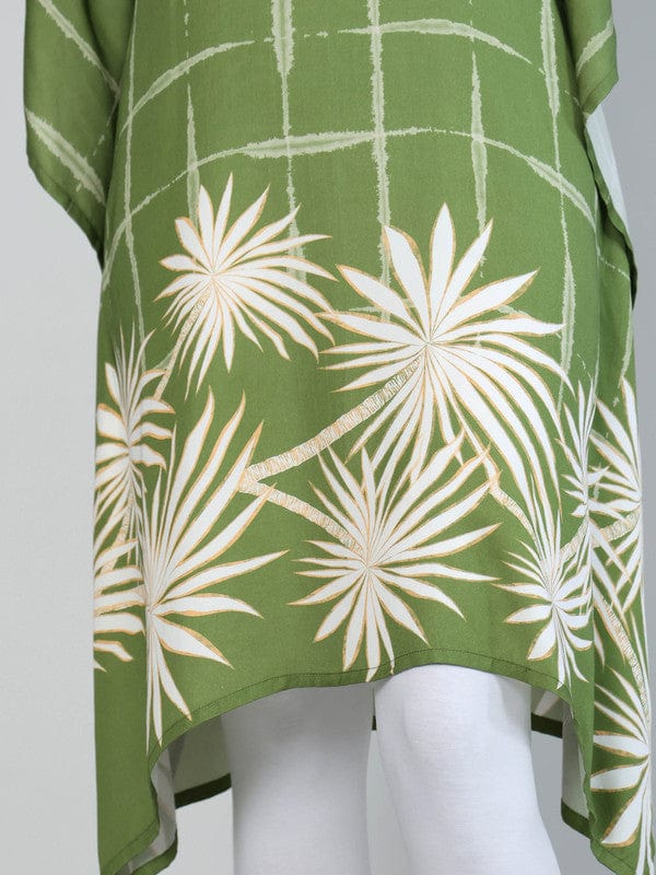 Green Viscose Knee-Length Kaftan with Floral & Checkered Print and 3/4th Sleeves – Breezy Everyday Fusion Wear