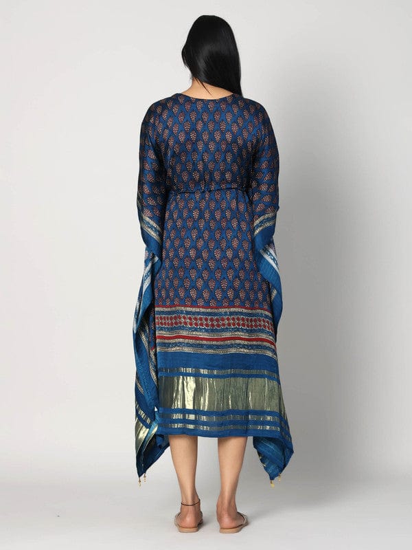 Indigo Modal Silk Calf-Length Kaftan with All-Over Print & 3/4th Sleeves – Elegant Ethnic Fusion Wear for Women