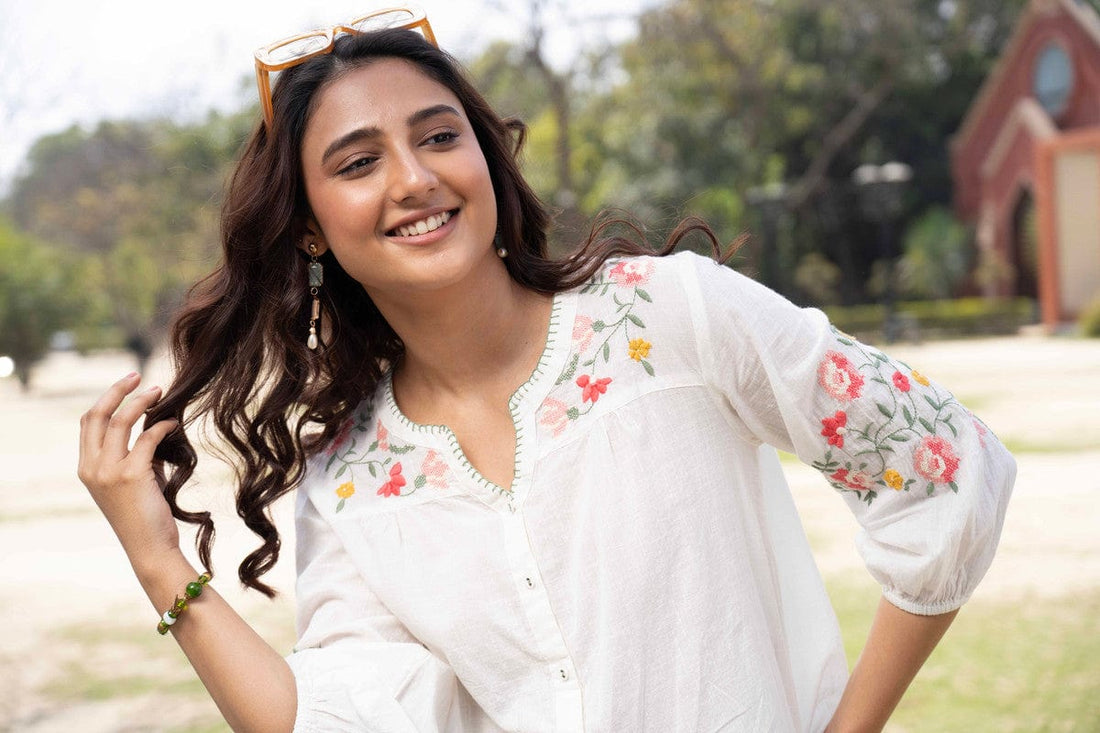 White Cotton Hip-Length Top with Floral Embroidery & 3/4th Sleeves – Regular-Fit Everyday Ethnic-Fusion Wear