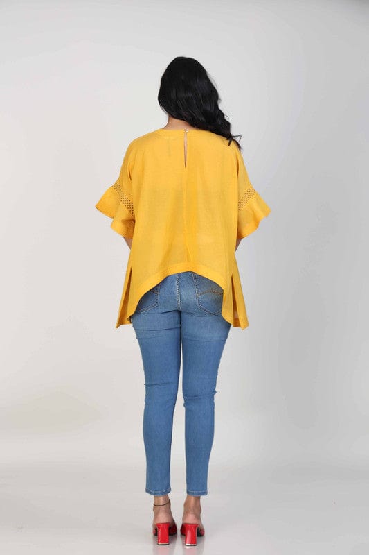Yellow Cotton Voile Hip-Length Top with 3D Textured Fabric & Elbow Sleeves – Elegant Everyday Casual Wear