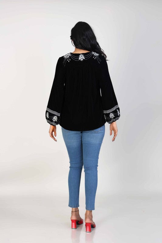 Black Velvet Hip-Length Top with Intricate Thread Work & Full Sleeves – Elegant Festive-Fusion Wear for Women