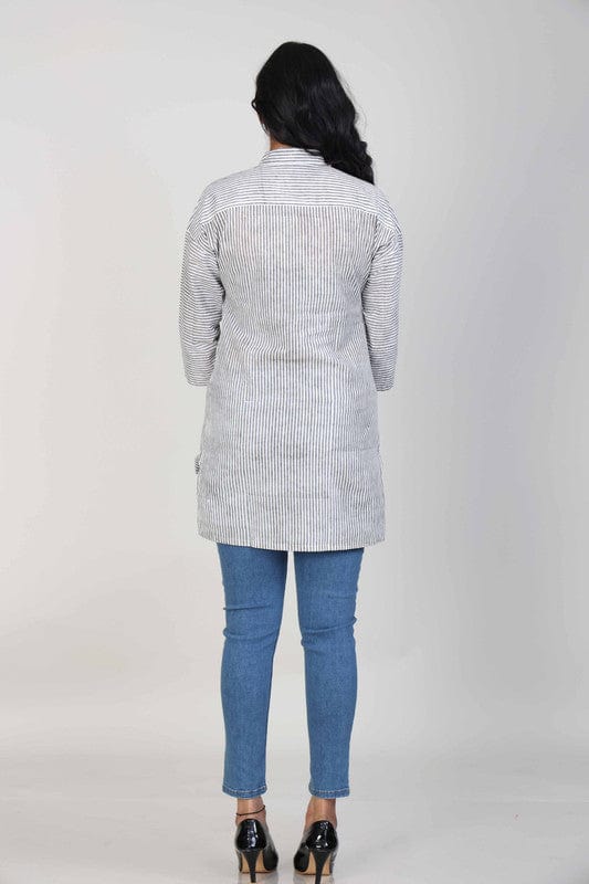 White & Grey Cotton Striped Hip-Length Tunic with 3/4th Sleeves – Elegant Everyday Casual Wear for Women