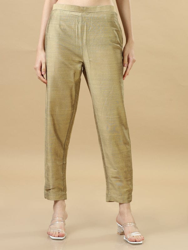 Beige Chanderi Solid Ankle-Length Pants – Elegant Regular-Fit Festive & Fusion Bottomwear