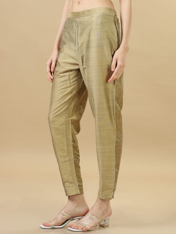 Beige Chanderi Solid Ankle-Length Pants – Elegant Regular-Fit Festive & Fusion Bottomwear