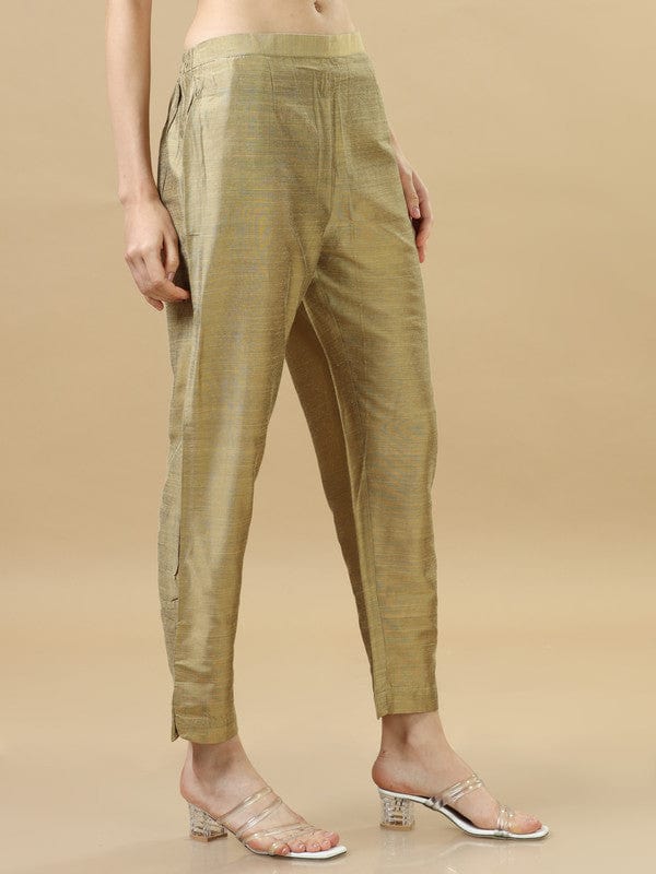 Beige Chanderi Solid Ankle-Length Pants – Elegant Regular-Fit Festive & Fusion Bottomwear