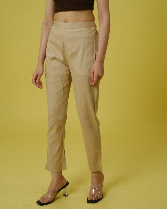 Khaki Slub Cotton Solid Ankle-Length Trousers – Comfortable Regular-Fit Everyday Bottomwear