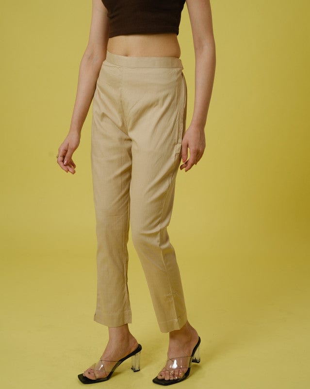 Khaki Slub Cotton Solid Ankle-Length Trousers – Comfortable Regular-Fit Everyday Bottomwear