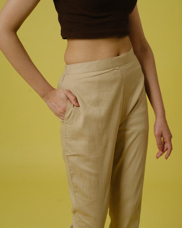 Khaki Slub Cotton Solid Ankle-Length Trousers – Comfortable Regular-Fit Everyday Bottomwear