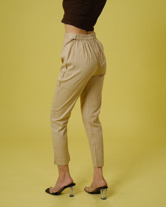 Khaki Slub Cotton Solid Ankle-Length Trousers – Comfortable Regular-Fit Everyday Bottomwear