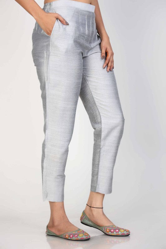 Silver Grey Cotton Solid Ankle-Length Pants – Comfortable Regular-Fit Everyday Bottomwear