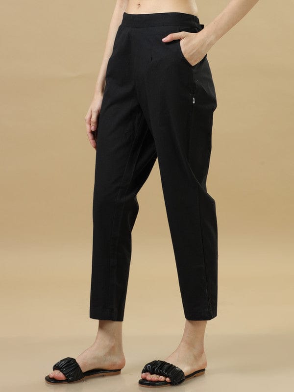 Black Solid Cotton Ankle-Length Pants – Regular-Fit Versatile Everyday Bottomwear