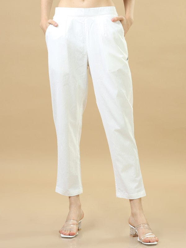 White Solid Cotton Ankle-Length Pants – Regular-Fit Everyday Essential Bottomwear