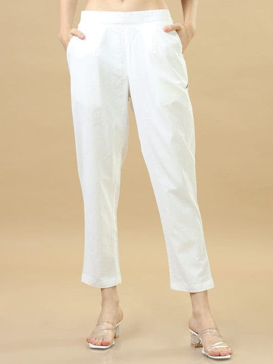 White Solid Cotton Ankle-Length Pants – Regular-Fit Everyday Essential Bottomwear