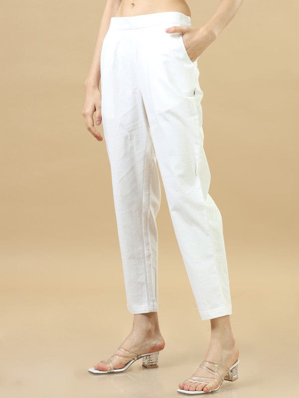 White Solid Cotton Ankle-Length Pants – Regular-Fit Everyday Essential Bottomwear