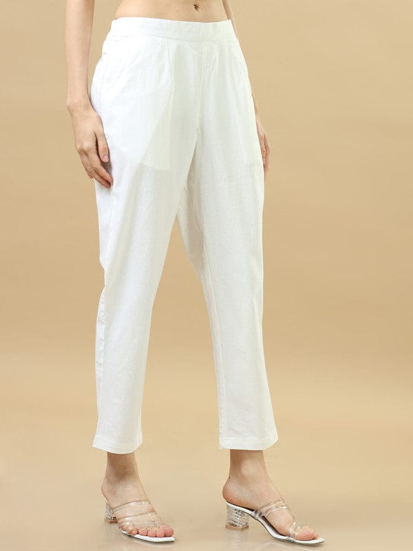 White Solid Cotton Ankle-Length Pants – Regular-Fit Everyday Essential Bottomwear