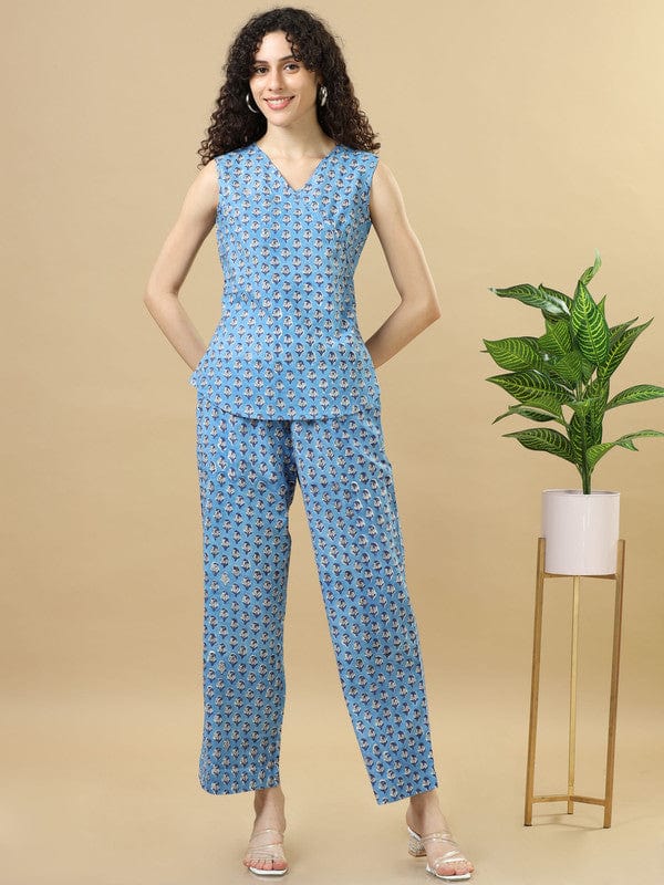 Blue Cotton Block-Printed Hip-Length Co-Ord Set with Sleeveless Regular-Fit Top – Chic Everyday Indo-Fusion Wear