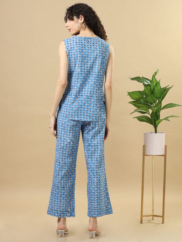 Blue Cotton Block-Printed Hip-Length Co-Ord Set with Sleeveless Regular-Fit Top – Chic Everyday Indo-Fusion Wear