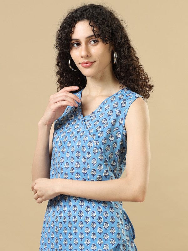 Blue Cotton Block-Printed Hip-Length Co-Ord Set with Sleeveless Regular-Fit Top – Chic Everyday Indo-Fusion Wear