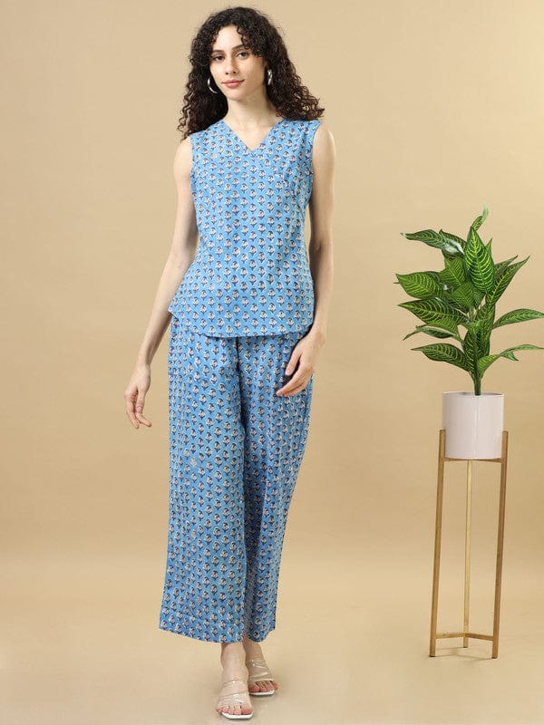 Blue Cotton Block-Printed Hip-Length Co-Ord Set with Sleeveless Regular-Fit Top – Chic Everyday Indo-Fusion Wear