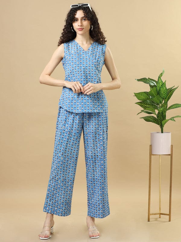 Blue Cotton Block-Printed Hip-Length Co-Ord Set with Sleeveless Regular-Fit Top – Chic Everyday Indo-Fusion Wear