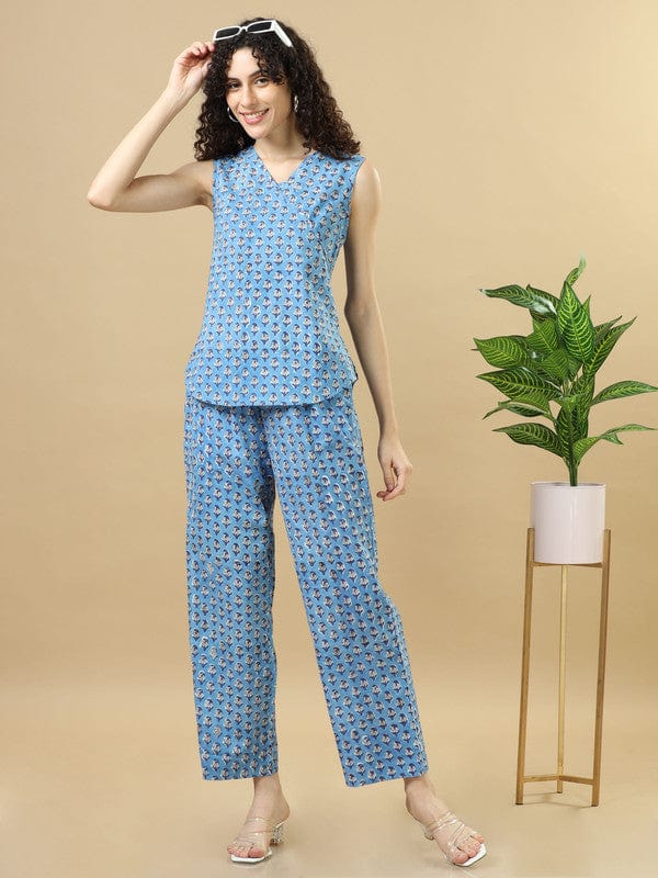 Blue Cotton Block-Printed Hip-Length Co-Ord Set with Sleeveless Regular-Fit Top – Chic Everyday Indo-Fusion Wear