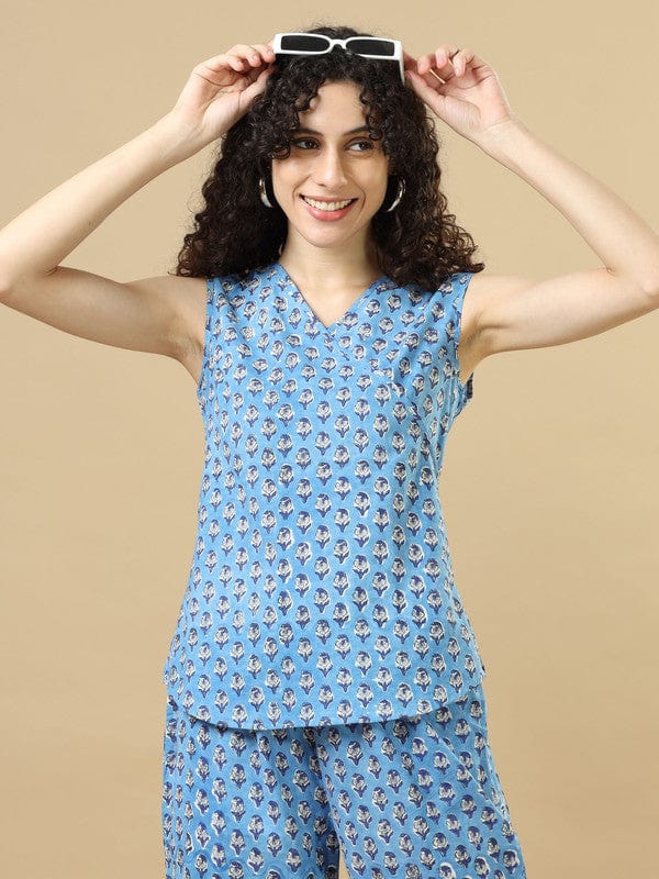 Blue Cotton Block-Printed Hip-Length Co-Ord Set with Sleeveless Regular-Fit Top – Chic Everyday Indo-Fusion Wear