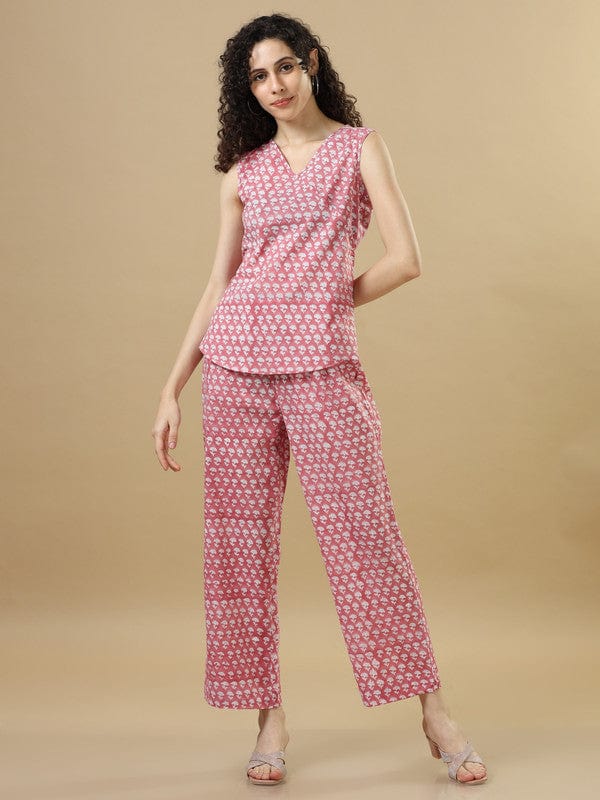 Dark Peach Cotton Block-Printed Hip-Length Co-Ord Set with Sleeveless Regular-Fit Top – Stylish Everyday Fusion Wear