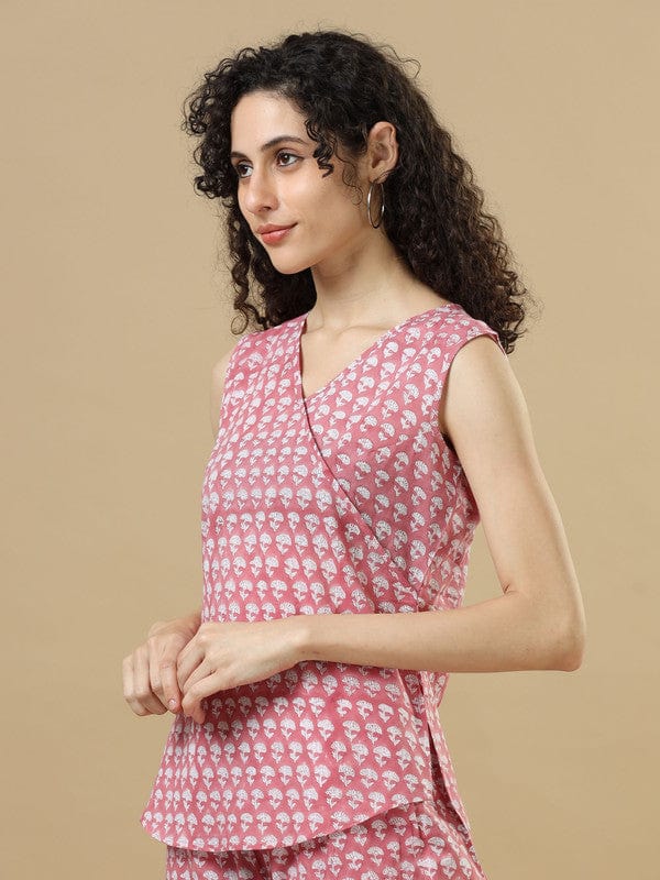 Dark Peach Cotton Block-Printed Hip-Length Co-Ord Set with Sleeveless Regular-Fit Top – Stylish Everyday Fusion Wear