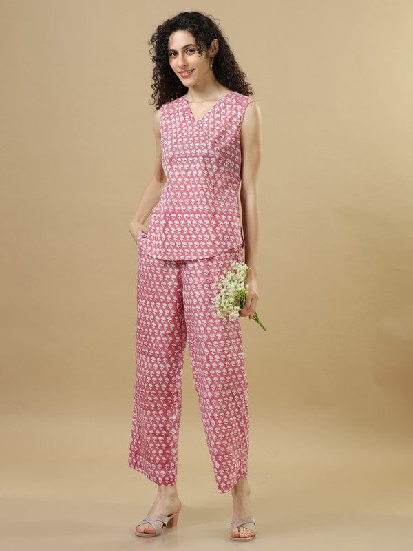 Dark Peach Cotton Block-Printed Hip-Length Co-Ord Set with Sleeveless Regular-Fit Top – Stylish Everyday Fusion Wear